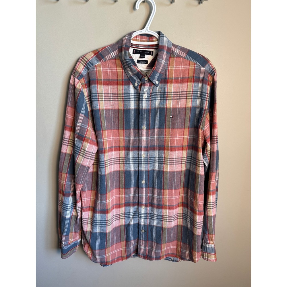 Tommy Hilfiger Mens Multicolor Plaid Shirt L Classic Preppy Casual Linen Blend